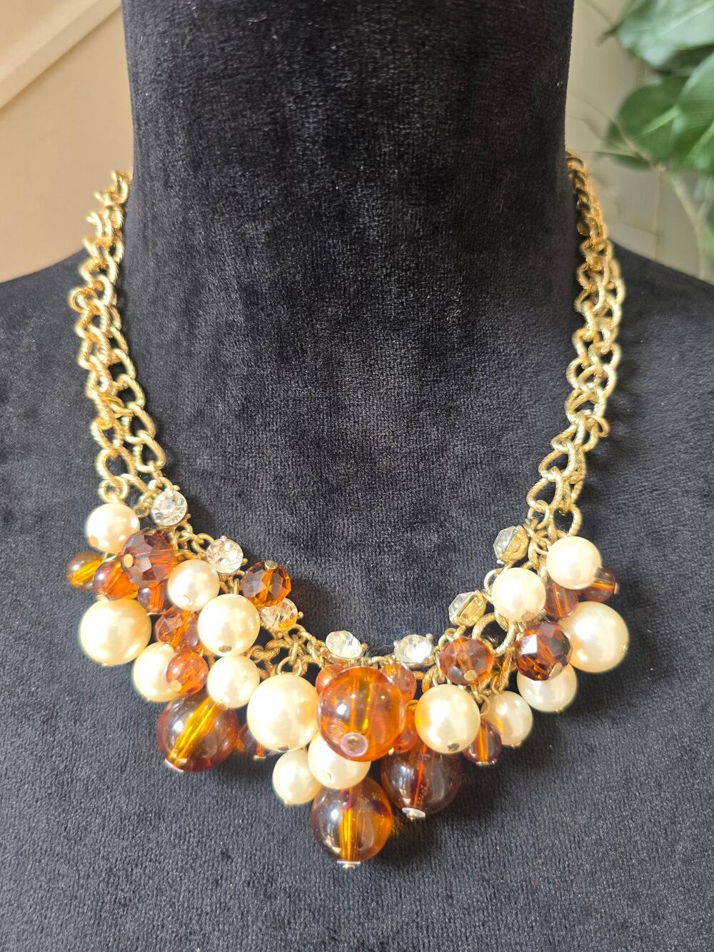 Amber Brown Pearl Cluster Statement Necklace